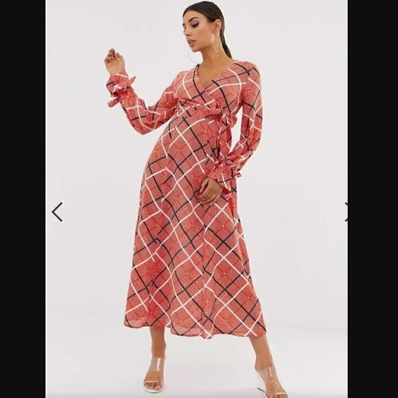 ASOS DESIGN Maxi Dress 0 Wrap Textured Check Sheer Slit Fall Photoshoot Party - Picture 1 of 12